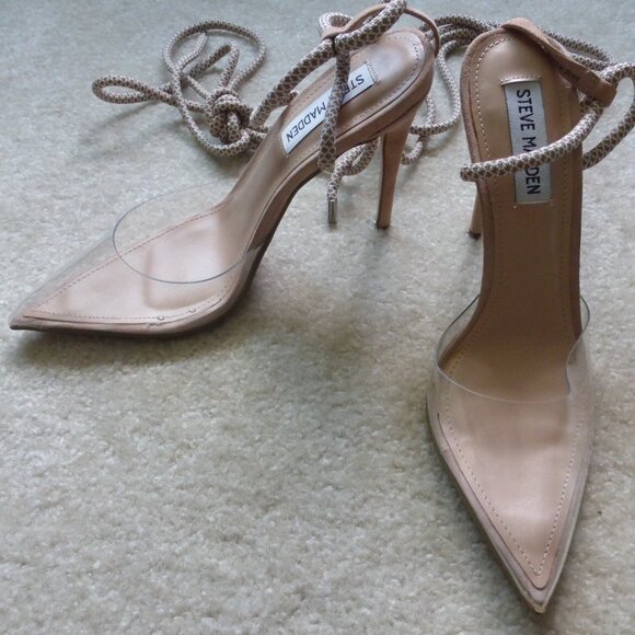 STEVE MADDEN clear vinyl & nude faux suede pointy toe heels with long ties - Picture 1 of 10